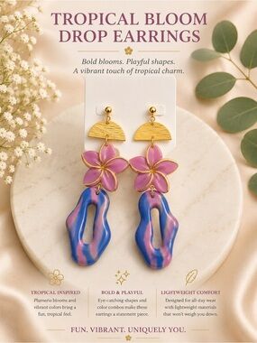 Tropical Bloom Pink & Blue Drop Earrings